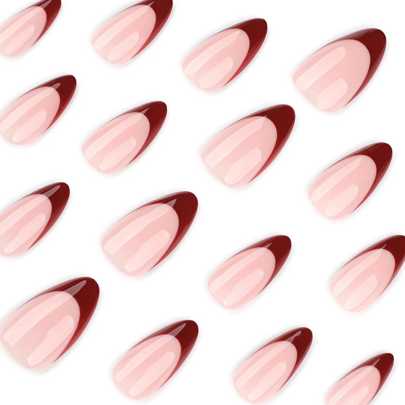 CTTHNBD Press on Nails Almond Medium - Wine Red French Tip Fake Nails - Glossy Full Cover Stick on Nails Press Ons - for Women Manicure 24 Pcs - Image 3